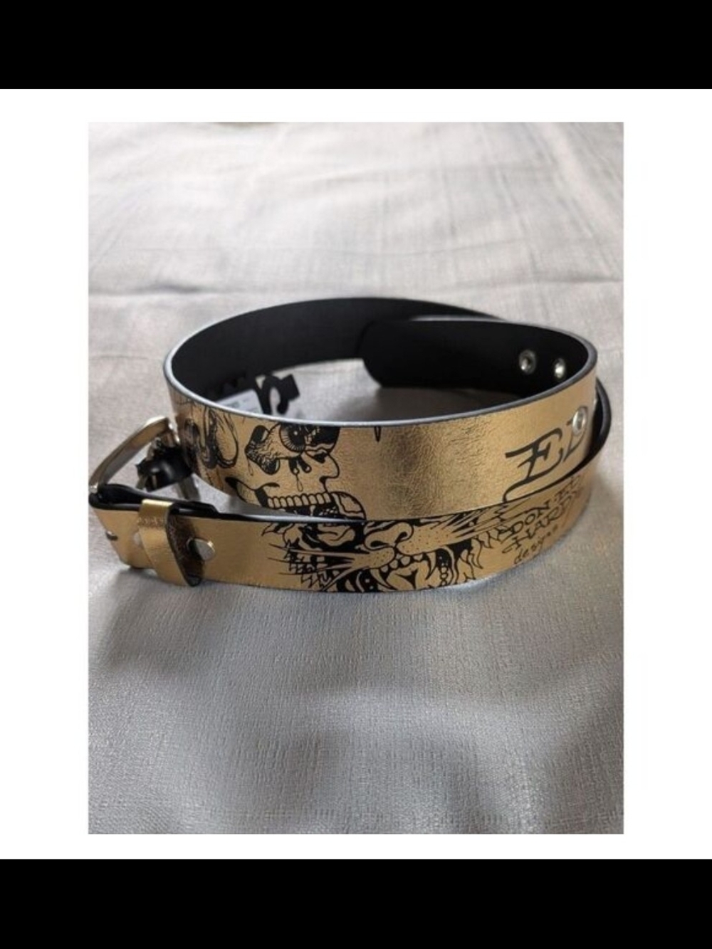 Ed Hardy Gold Metallic Tattoo Print Belt